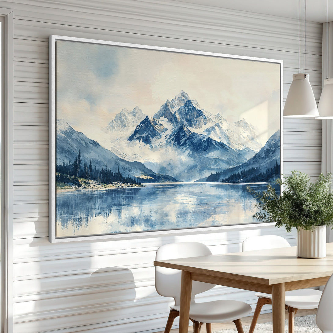 Framed Wall Art: Watercolor mountain landscape in blue and white tones. Bring nature's beauty indoors with this stunning canvas print!