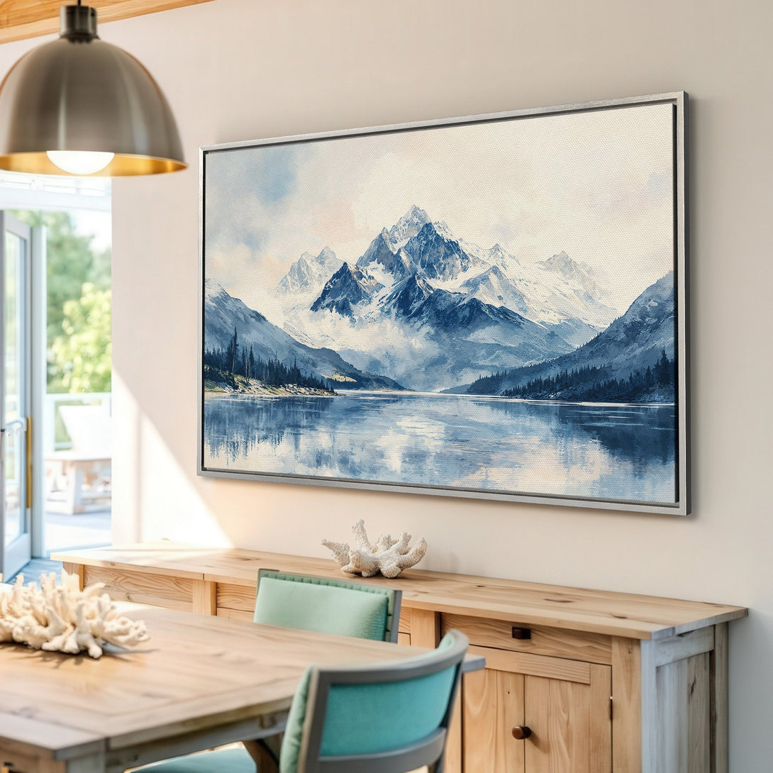 Framed Wall Art: Mountain landscape canvas print in blue and white tones. Perfect for adding a touch of serenity to your home decor. Shop now!