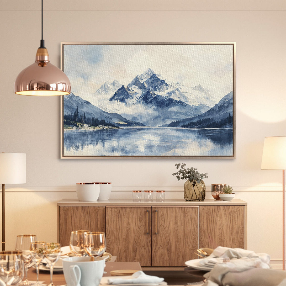 Framed Wall Art: Stunning mountain landscape Canvas Print in cool blue tones, perfect for adding a touch of nature & serenity to your home decor.