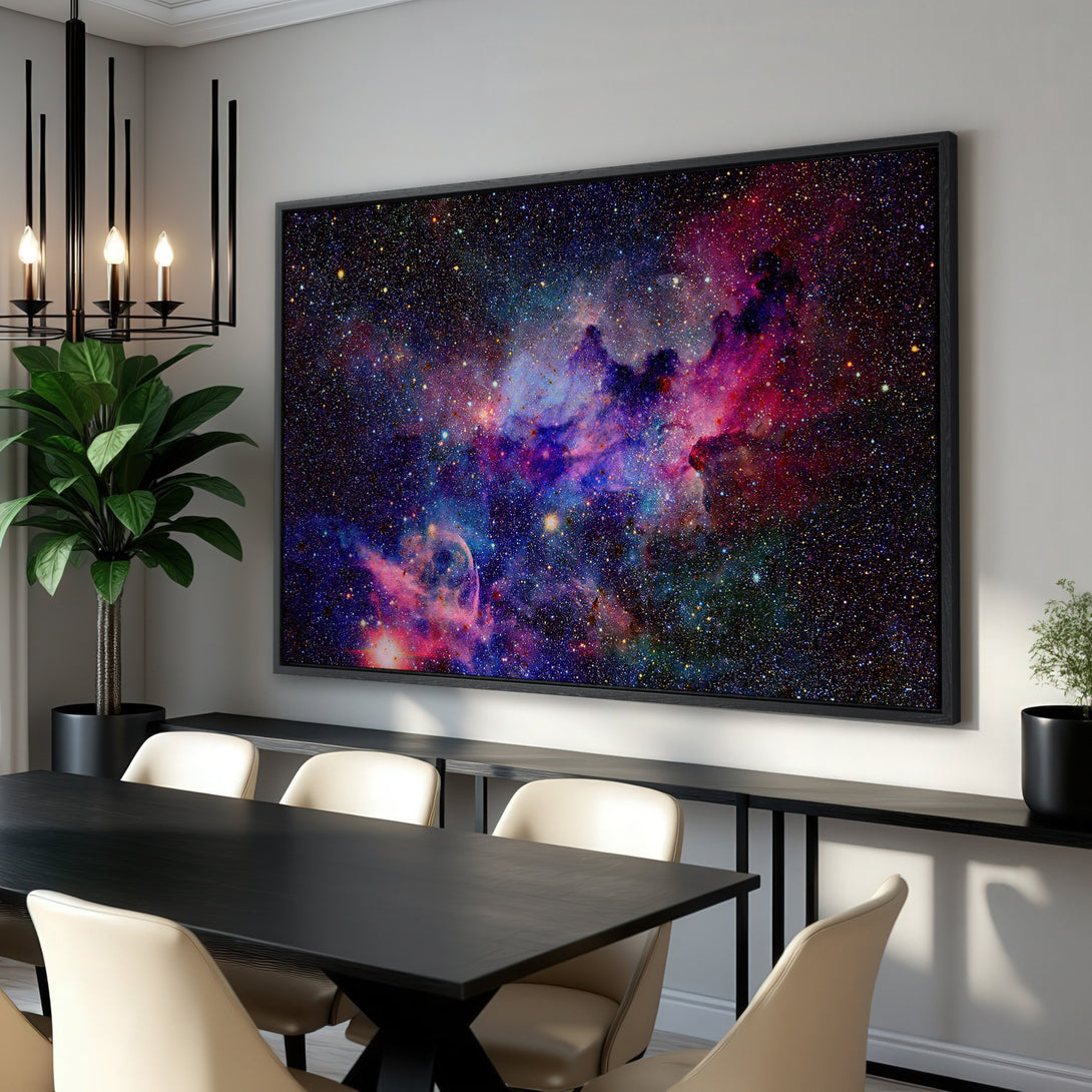 Framed Wall Art: Stunning Canvas Print of a vibrant nebula in a modern interior. Rich blues, purples, and reds bring the cosmos to your home. Elevate your space!