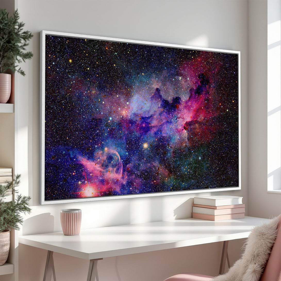 Framed Wall Art featuring a vibrant nebula in a galaxy. Stunning Canvas Print with a colorful, cosmic design. Perfect for adding a touch of art to your home.