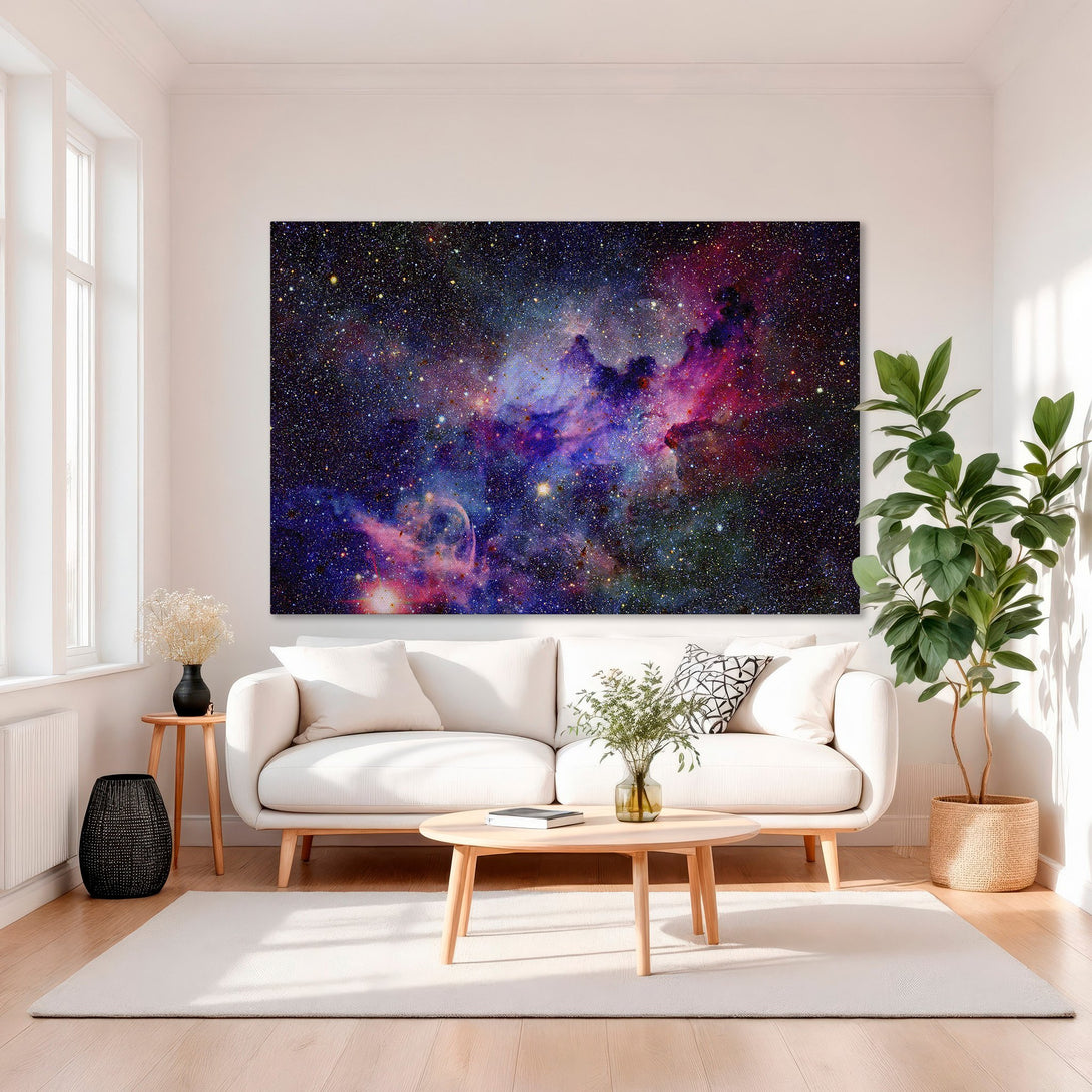 Framed Wall Art: Stunning galaxy Canvas Print with vibrant blues, purples, and reds. Perfect for adding cosmic beauty to your living room decor.