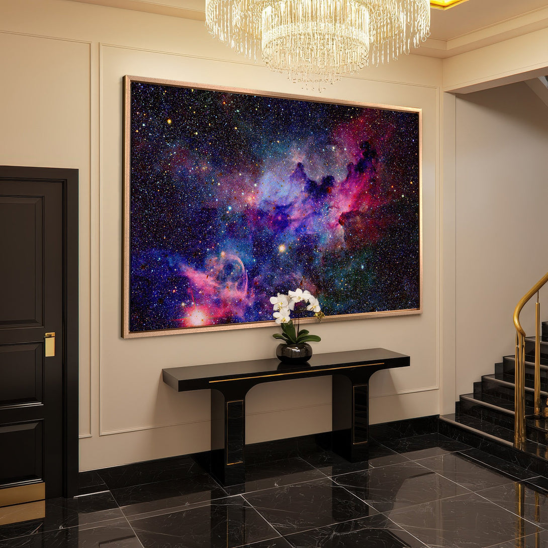 Framed Wall Art: Stunning galaxy Canvas Print in a luxurious interior. Features vibrant blues, purples, and pinks. Elevate your space with celestial beauty.