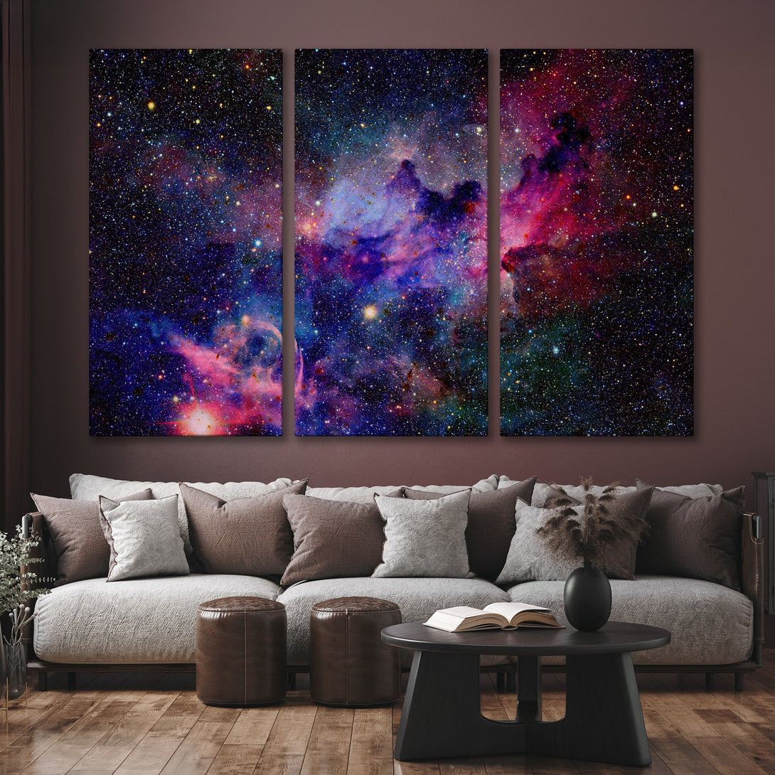 Canvas Print of a vibrant nebula in space, featuring a colorful palette of blues, purples, and pinks. Modern wall art for any room.