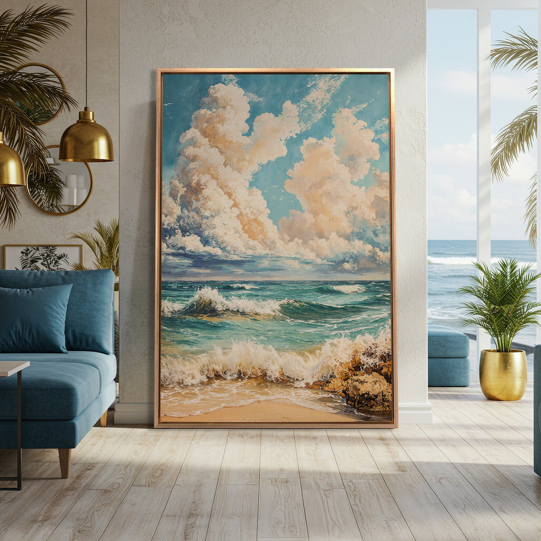 Framed Wall Art: Coastal scene Canvas Print with ocean waves and dramatic clouds in a blue, beige, and turquoise palette. Perfect for modern home decor.