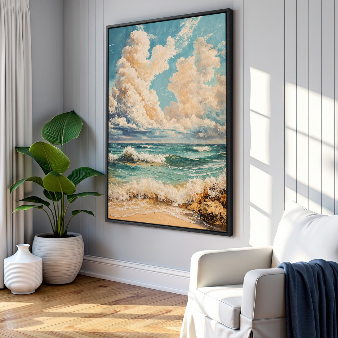 Framed Wall Art featuring an ocean scene with blue, turquoise, and beige hues. Coastal artwork in a modern interior. Perfect for adding a touch of serenity.