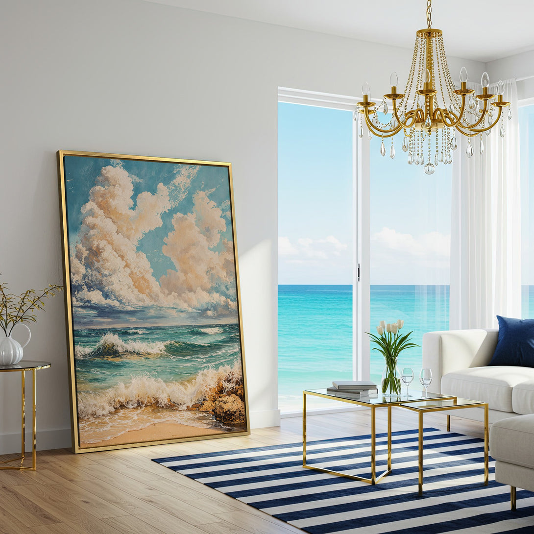 Canvas Print of a serene beach scene with blue, turquoise, and beige hues. Coastal wall art perfect for a relaxing living room.
