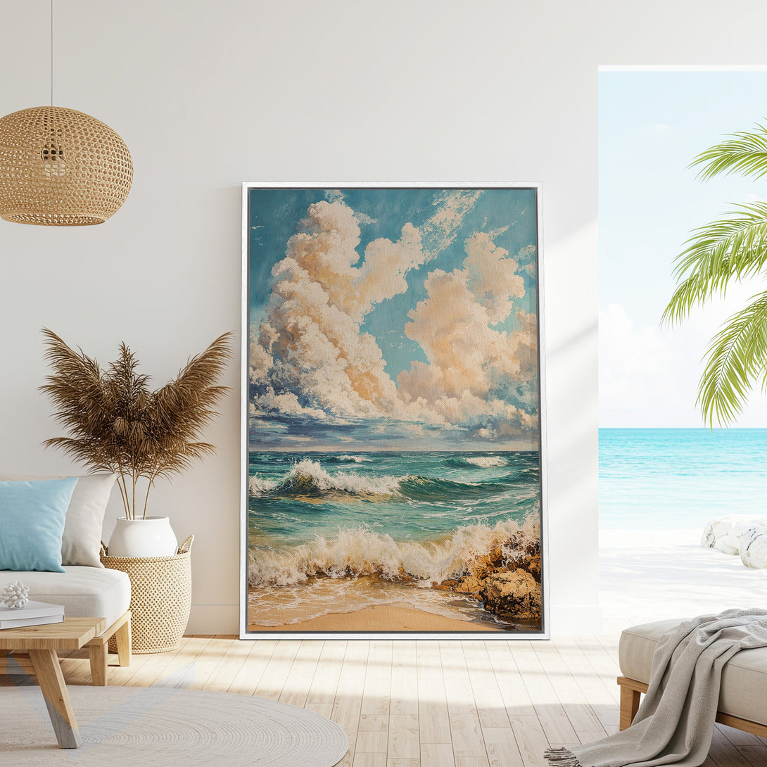 Framed Wall Art: Coastal scene Canvas Print with blue, teal, and beige color palette. Relaxing ocean waves art in a beach-themed living room.