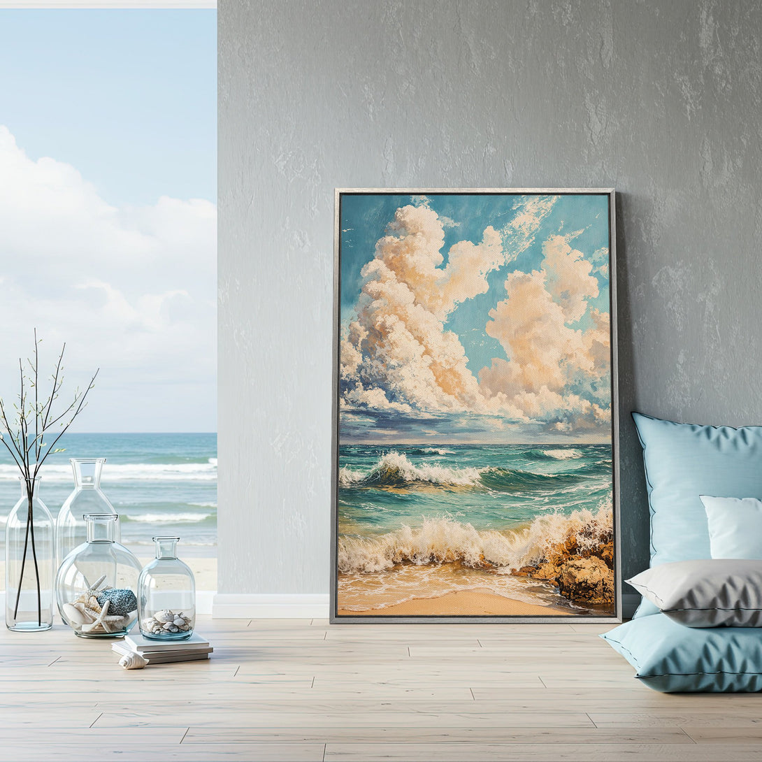 Framed Wall Art: Coastal landscape Canvas Print with ocean waves and sky in a calming blue and beige palette. Perfect for beach house decor!