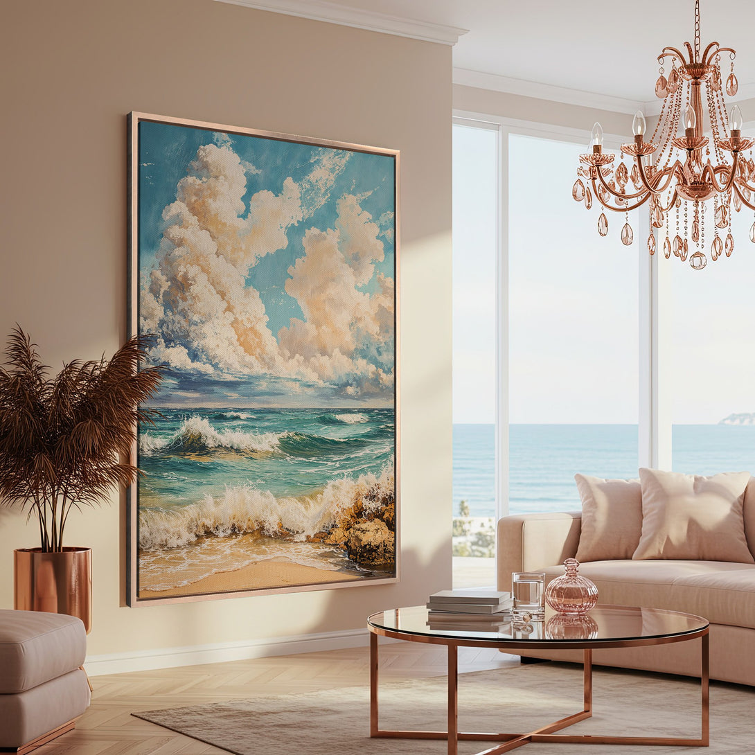 Framed Wall Art: Coastal canvas print in a living room. Features a seascape with blue, white, and beige tones. Perfect for adding a touch of serenity to your space.