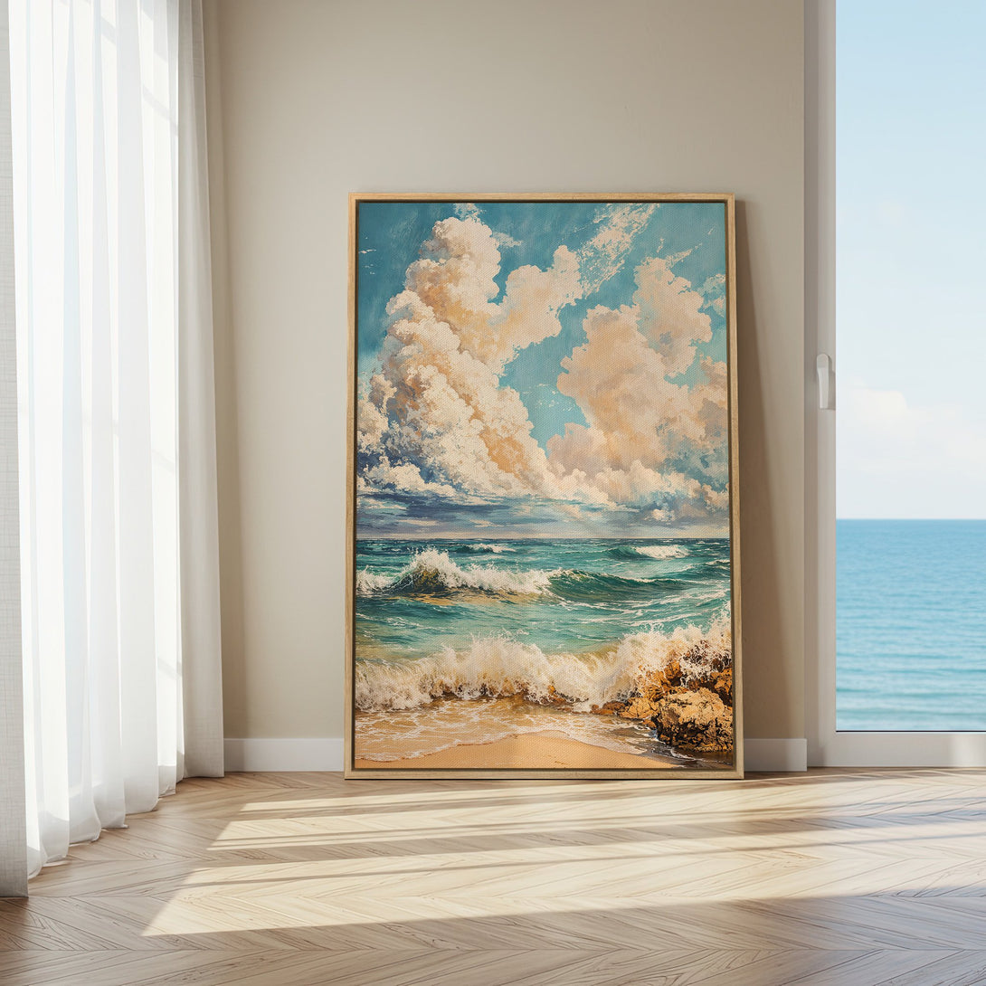 Framed Wall Art Canvas Print of a serene ocean scene in a coastal style. Features blue, teal, and beige tones, perfect for adding a calming touch to any space.