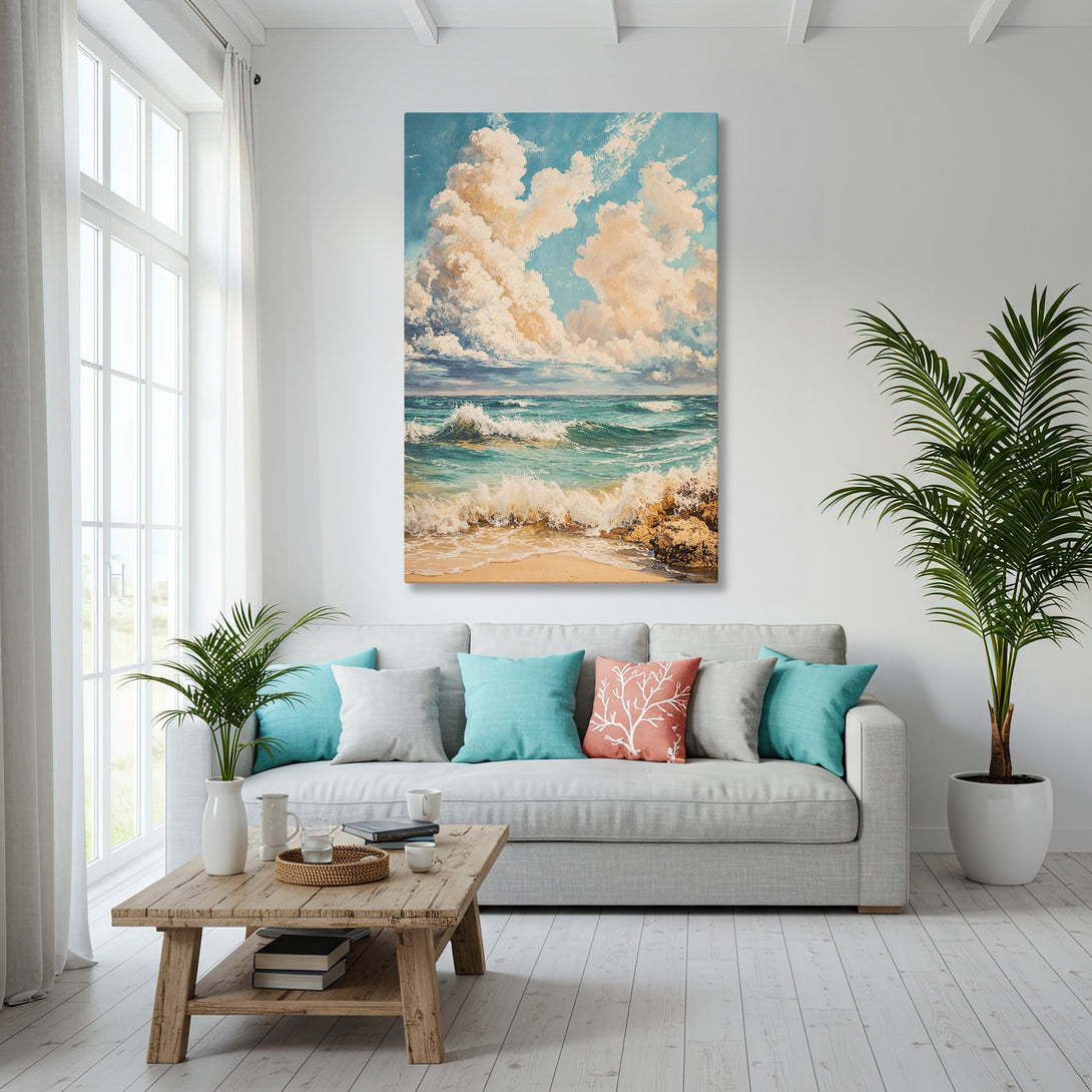 Framed Wall Art: Coastal scene canvas print in a modern living room. Features ocean waves, blue/beige color palette, and gold frame. Elevate your space!