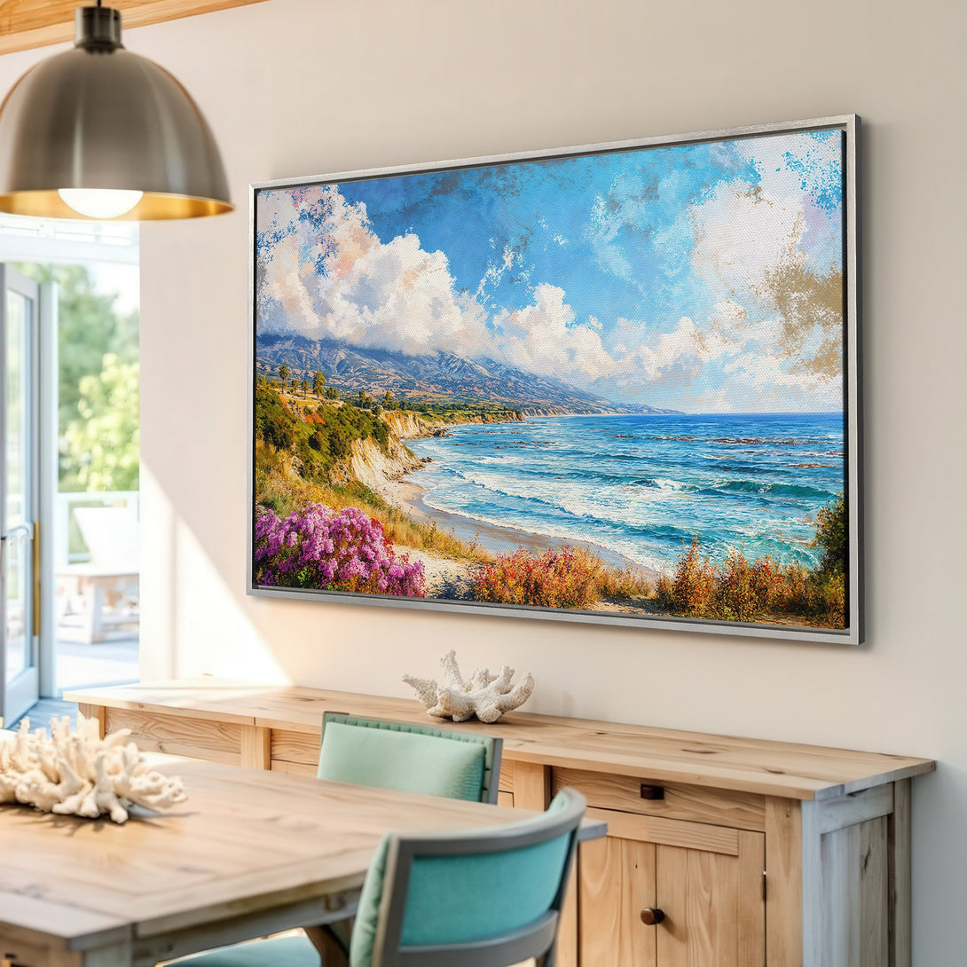 Framed Wall Art: Coastal landscape Canvas Print in blue, white, and gold. Bring the serene beauty of the beach to your home with this stunning artwork.