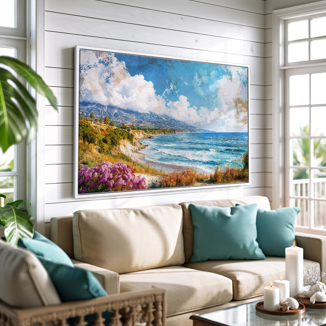 Framed Wall Art: Coastal landscape Canvas Print with blue, turquoise, and beige tones. Modern art for living room decor.
