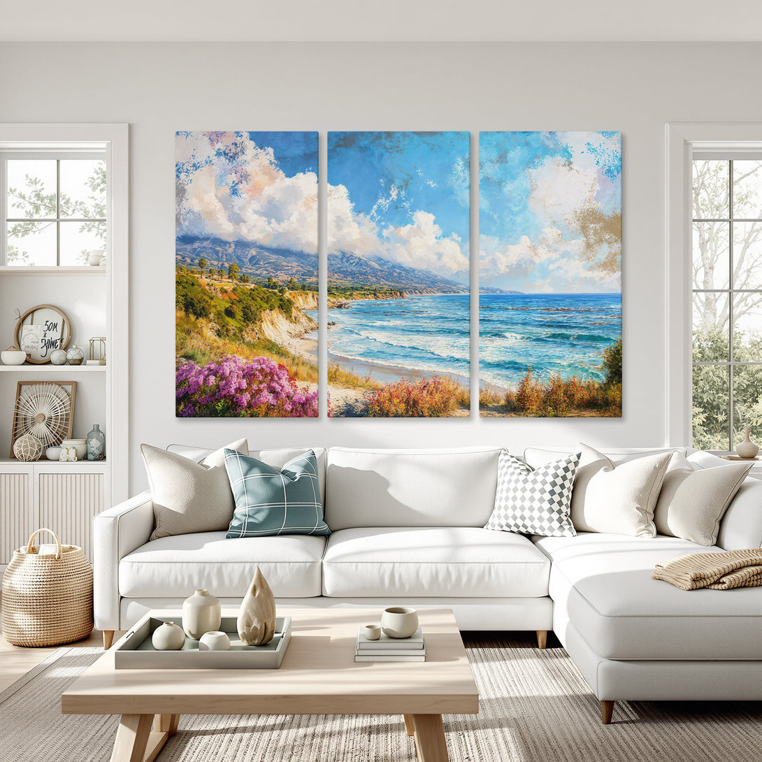 Canvas Print of coastal landscape art in blue, white, and green hues. Perfect for adding a touch of serenity to your home decor.
