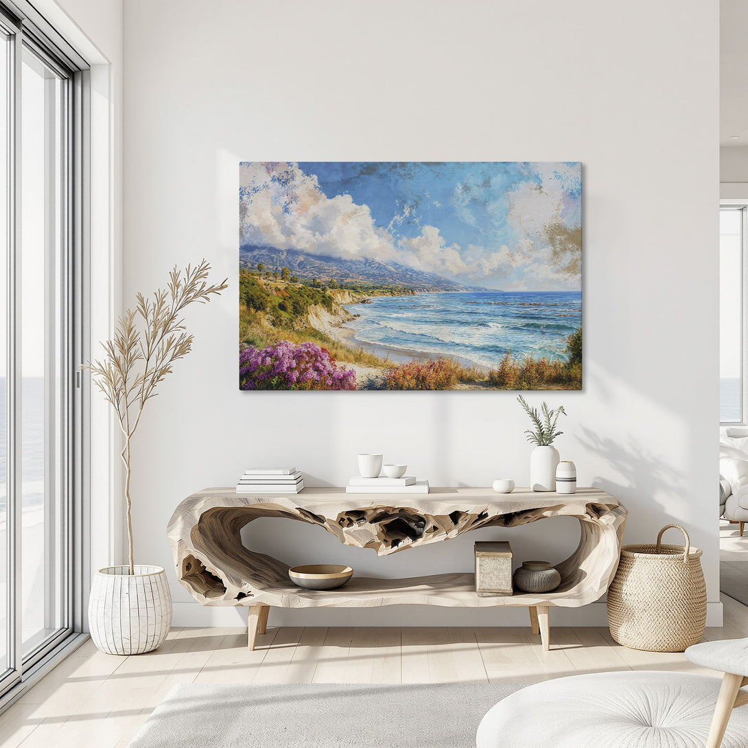 Framed Wall Art: Coastal landscape Canvas Print in a modern interior. Features blue, white, and green hues. Enhance your space with this stunning artwork!