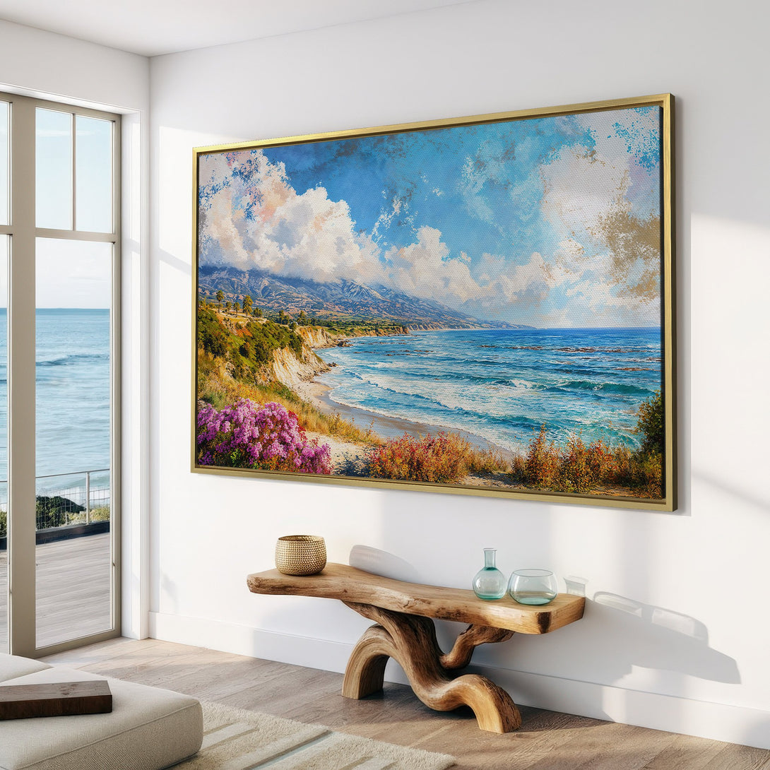 Canvas Print of a coastal landscape painting in a bright, airy interior. Features blue, white, and green hues, perfect for adding a touch of serenity.