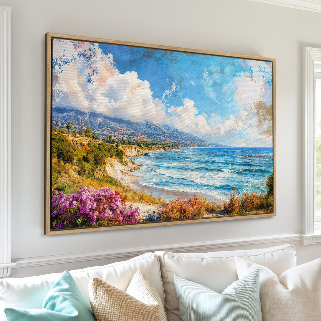 Canvas Print of a coastal landscape with blue skies, ocean, and mountains. Impressionistic style, featuring a vibrant blue, green, and pink color palette.