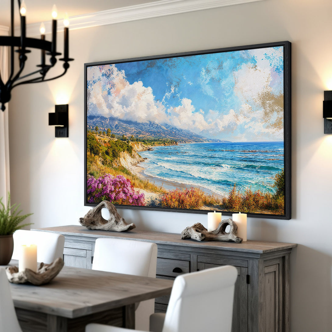 Framed Wall Art: Coastal landscape Canvas Print in blue and gold hues. Bring the serene beauty of the ocean into your home!