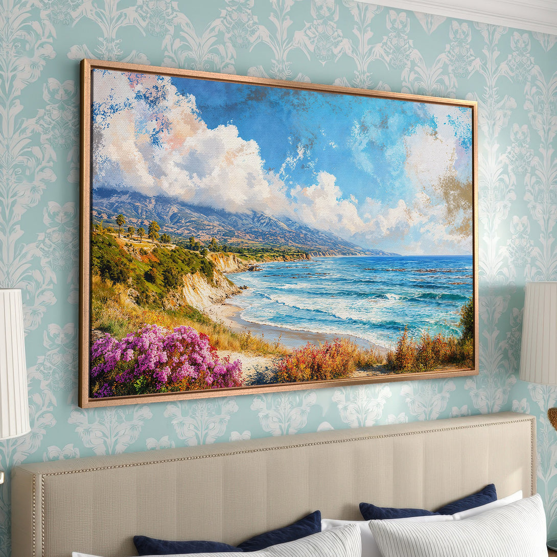Framed Wall Art Canvas Print of a coastal landscape in impressionist style, featuring blue ocean, sky, and colorful flowers. Perfect for adding a touch of serenity.