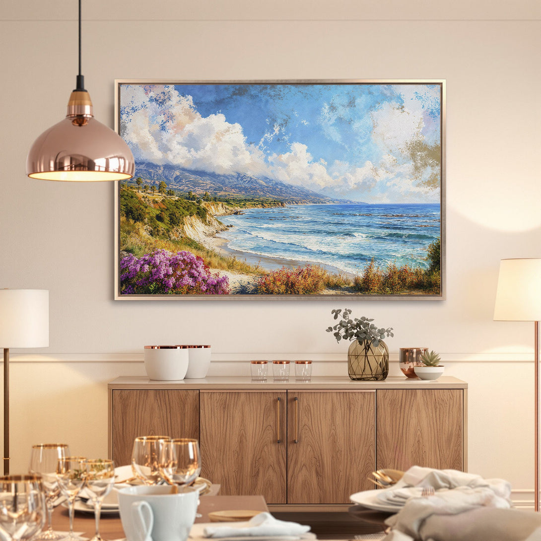 Framed Wall Art: Coastal landscape Canvas Print with blue, white, and green hues. Perfect for adding a touch of serenity to your home decor.