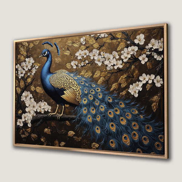 Framed Wall Art: Majestic peacock painting with blue, gold, and brown tones. Elegant, artistic canvas print perfect for adding sophistication.