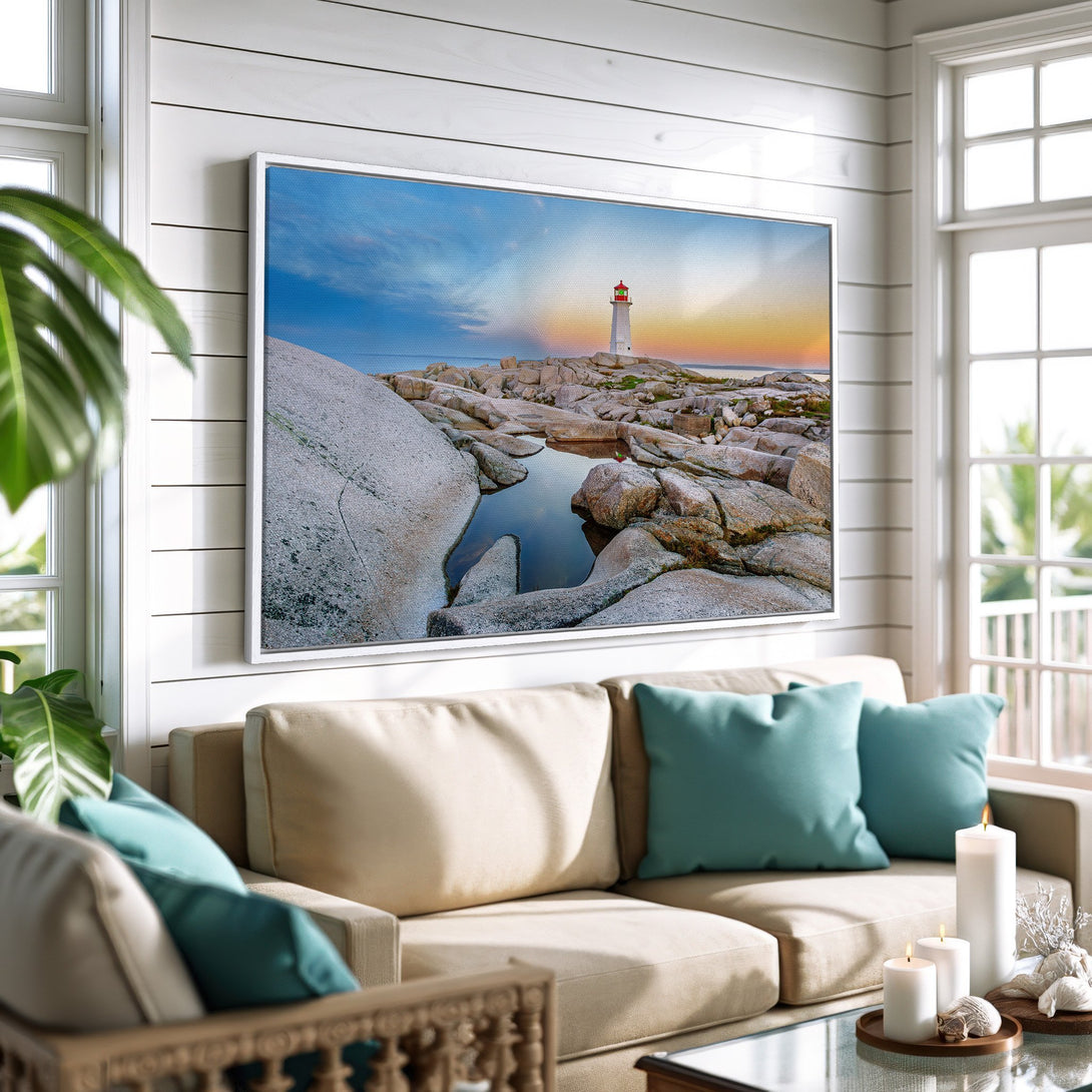 Framed Wall Art: Lighthouse canvas print in a coastal style, featuring a serene sunset color palette. Perfect for adding a touch of nature to your home decor.