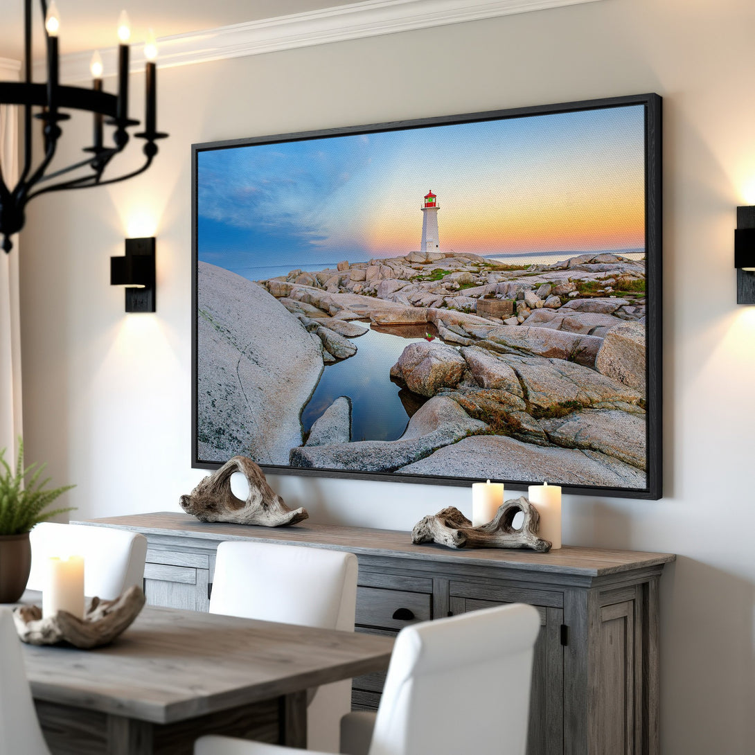 Framed Wall Art Canvas Print of a lighthouse at sunset. Coastal landscape art with warm sunset colors and a calming, natural aesthetic.