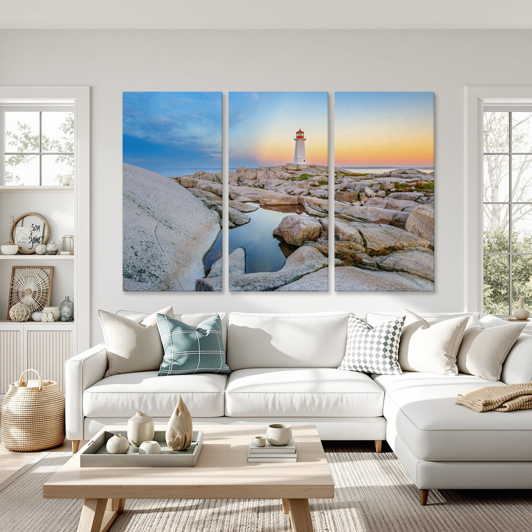 Canvas Print of a lighthouse landscape in coastal style with a blue, orange, and white color palette, perfect for any room.