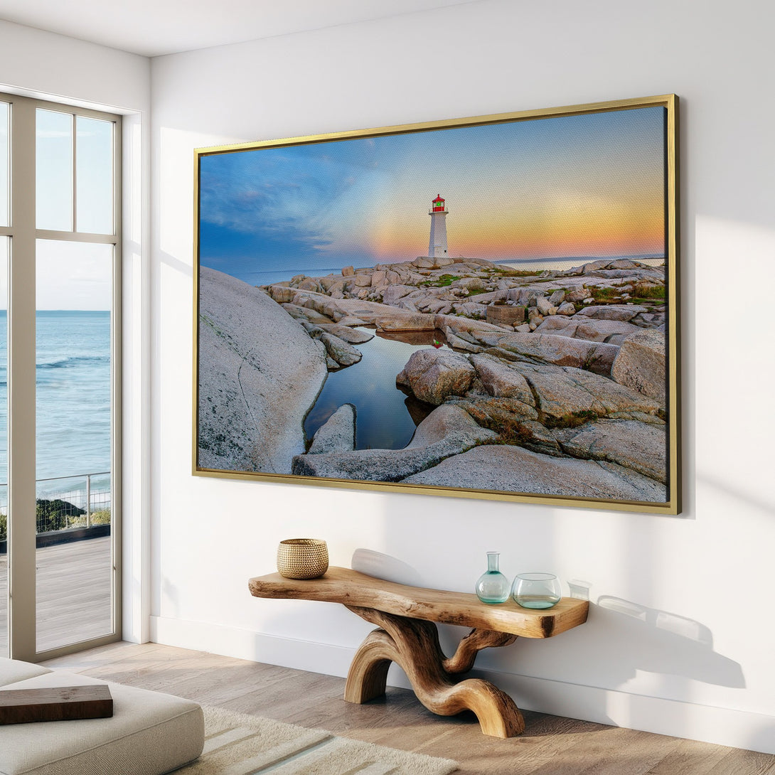 Canvas Print of a lighthouse landscape in a modern interior. Coastal style with blue, yellow, and gray tones. Perfect wall art for your home!