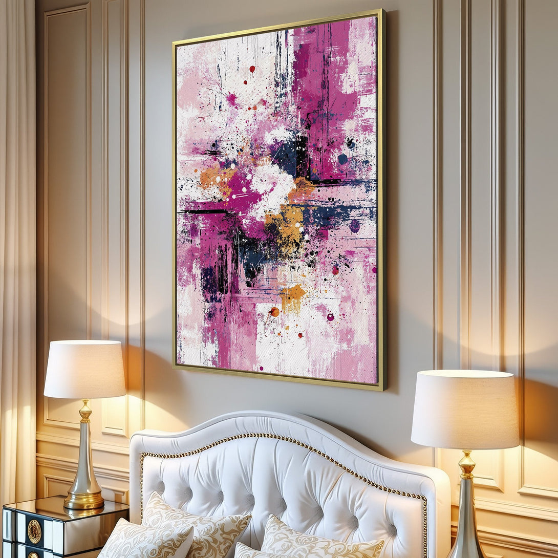 Abstract Canvas Print in a modern interior. Featuring bold brushstrokes and a vibrant pink, purple, and yellow color palette. Elevate your space!