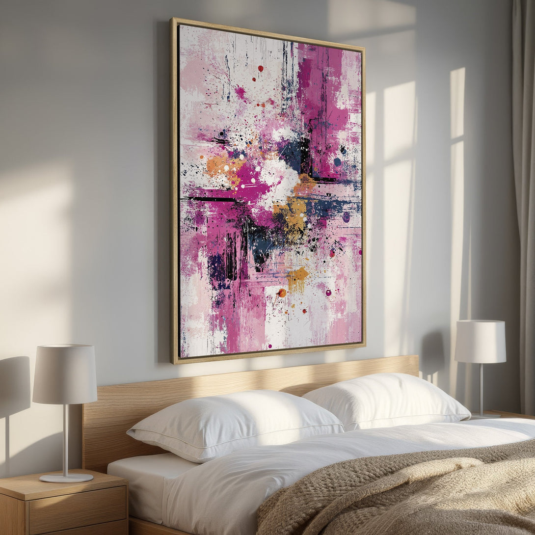 Framed Wall Art: Abstract expressionist artwork in pink, white, and navy blue hues. Modern art canvas print adds a pop of color to any bedroom decor.