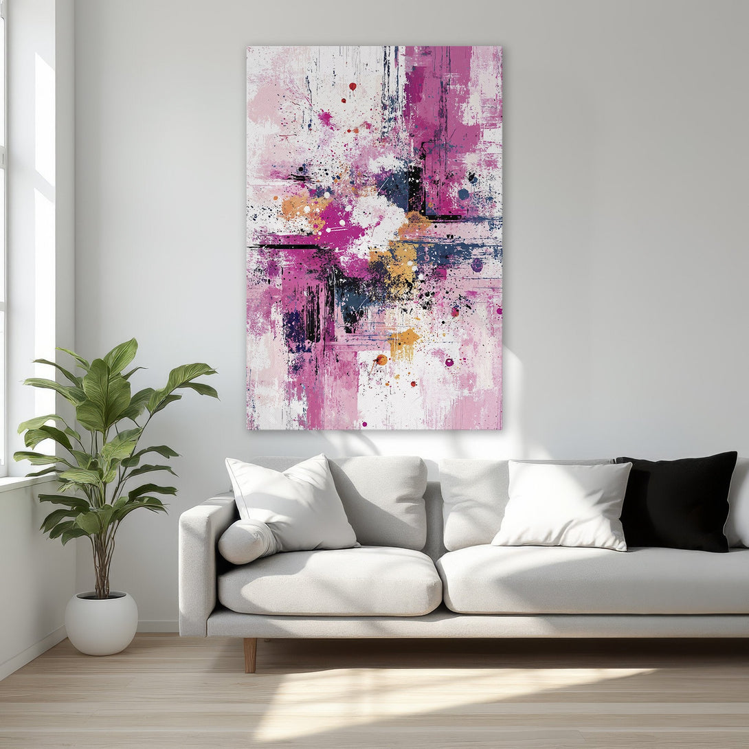Framed Wall Art: Abstract expressionist canvas print in pink, magenta, and white. Modern art decor for bedrooms or living rooms.