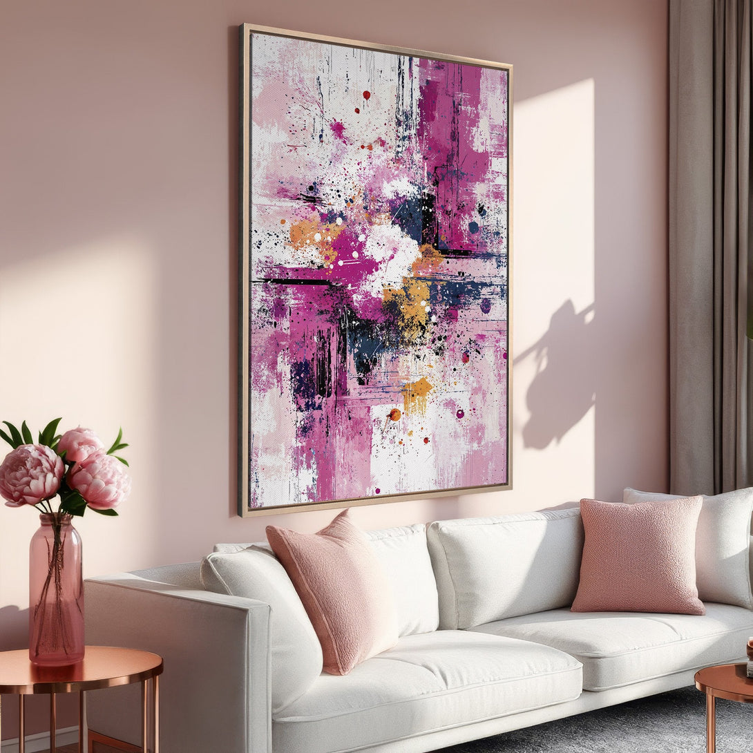 Framed Wall Art: Abstract canvas print in pink, magenta, and gold tones. Modern art for living room decor. Enhance your space with this beautiful piece.