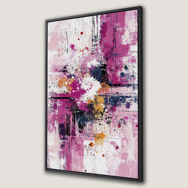 Framed Wall Art featuring an abstract expressionist design in a vibrant pink, purple, and navy color palette. Perfect modern decor for any space.