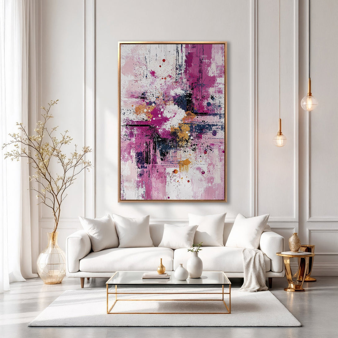 Framed Wall Art: Abstract expressionist painting in pink, white, and navy hues. Modern art for living room decor. Shop Canvas Prints today!