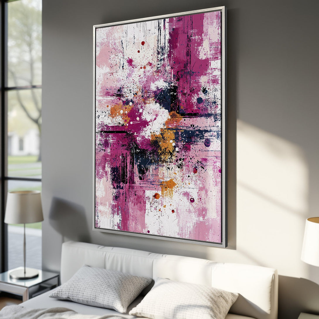 Framed Wall Art: Abstract art canvas print in pink, purple, and orange hues. Modern art for bedroom decor.