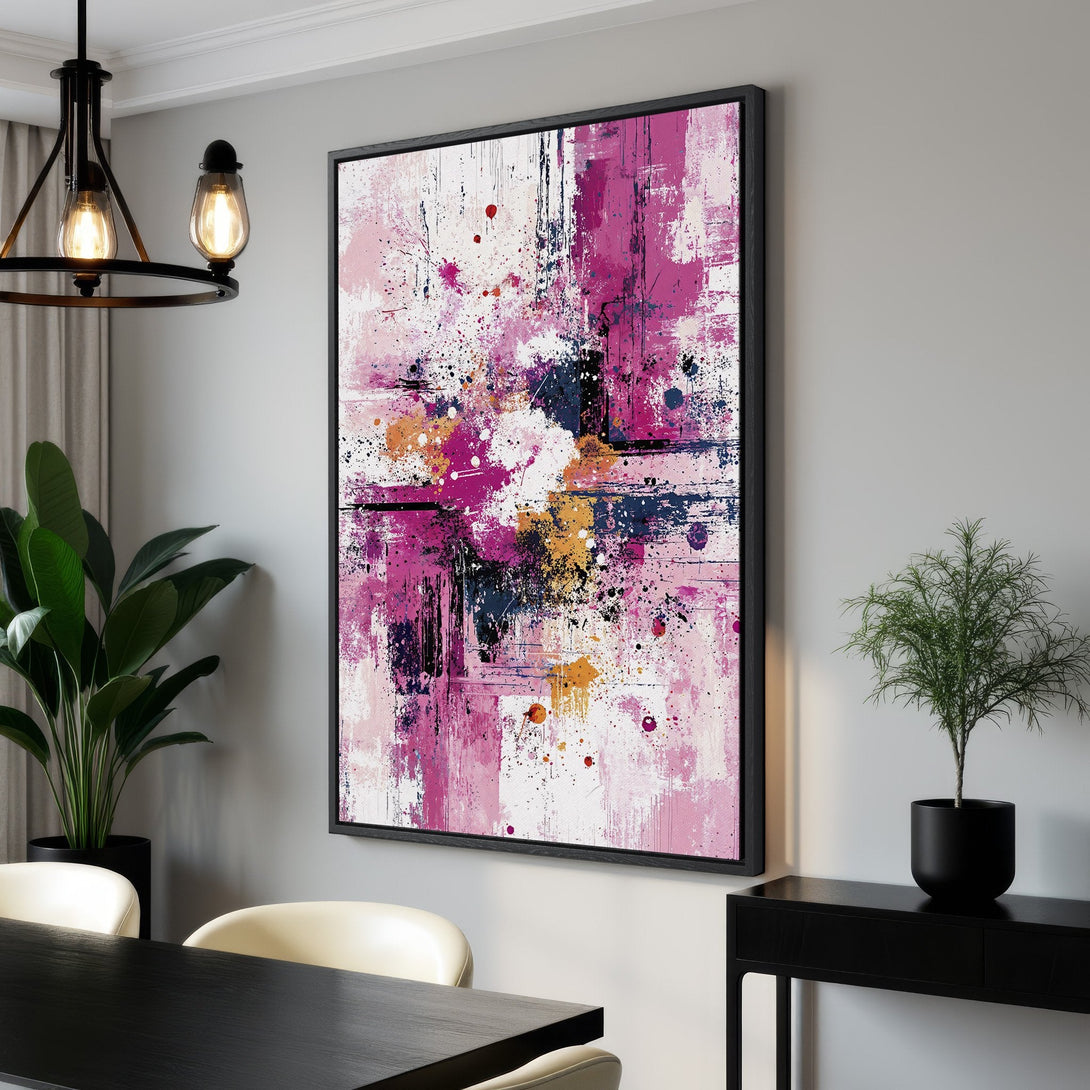 Framed Wall Art: Abstract expressionist Canvas Print in pink, white, and navy color palette. Modern art for living room or dining room decor.