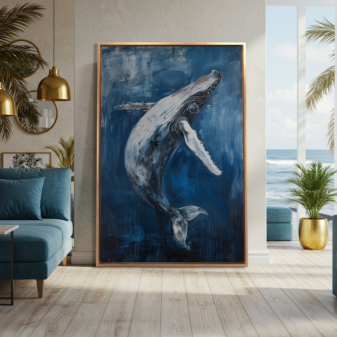 Framed Wall Art: Stunning whale painting in blue and white. Modern abstract style, perfect for coastal decor. Elevate your space with this captivating Canvas Print.