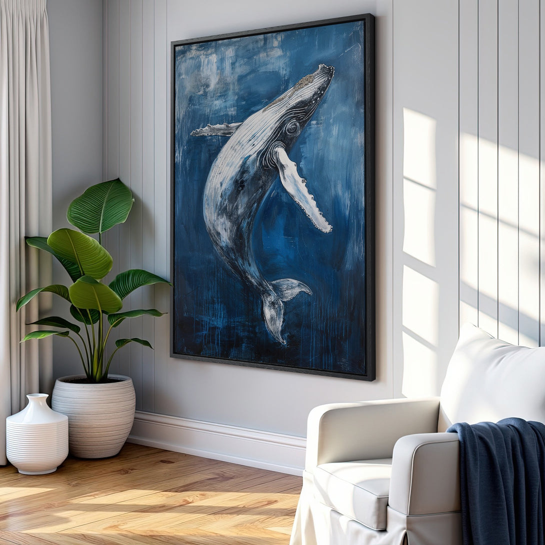 Framed Wall Art: Stunning whale painting in blue and white. Add coastal vibes to your space with this beautiful Canvas Print. Perfect for any room!