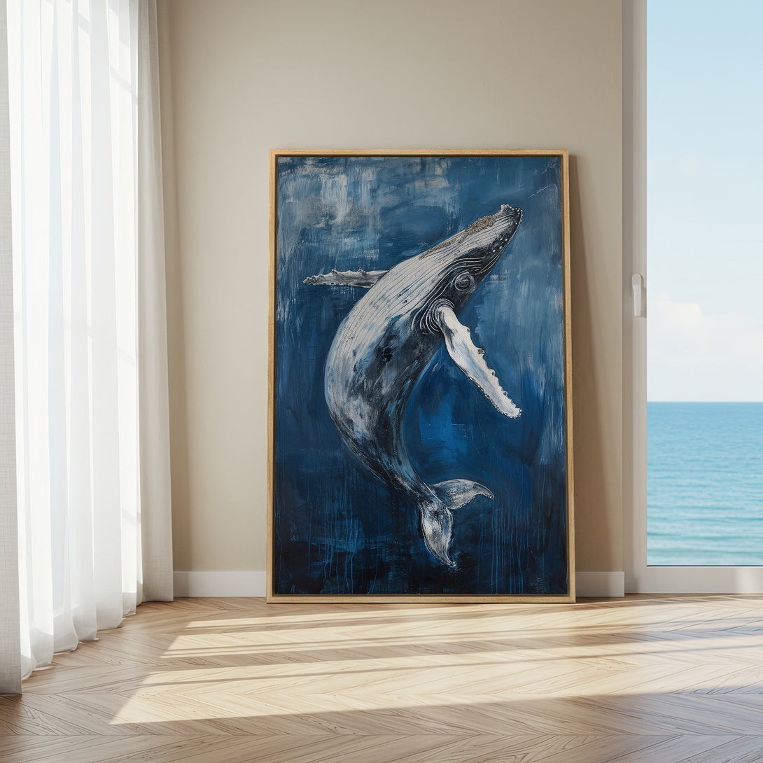 Framed Wall Art featuring a majestic whale in shades of white and blue. Modern abstract style Canvas Print, perfect for coastal decor.