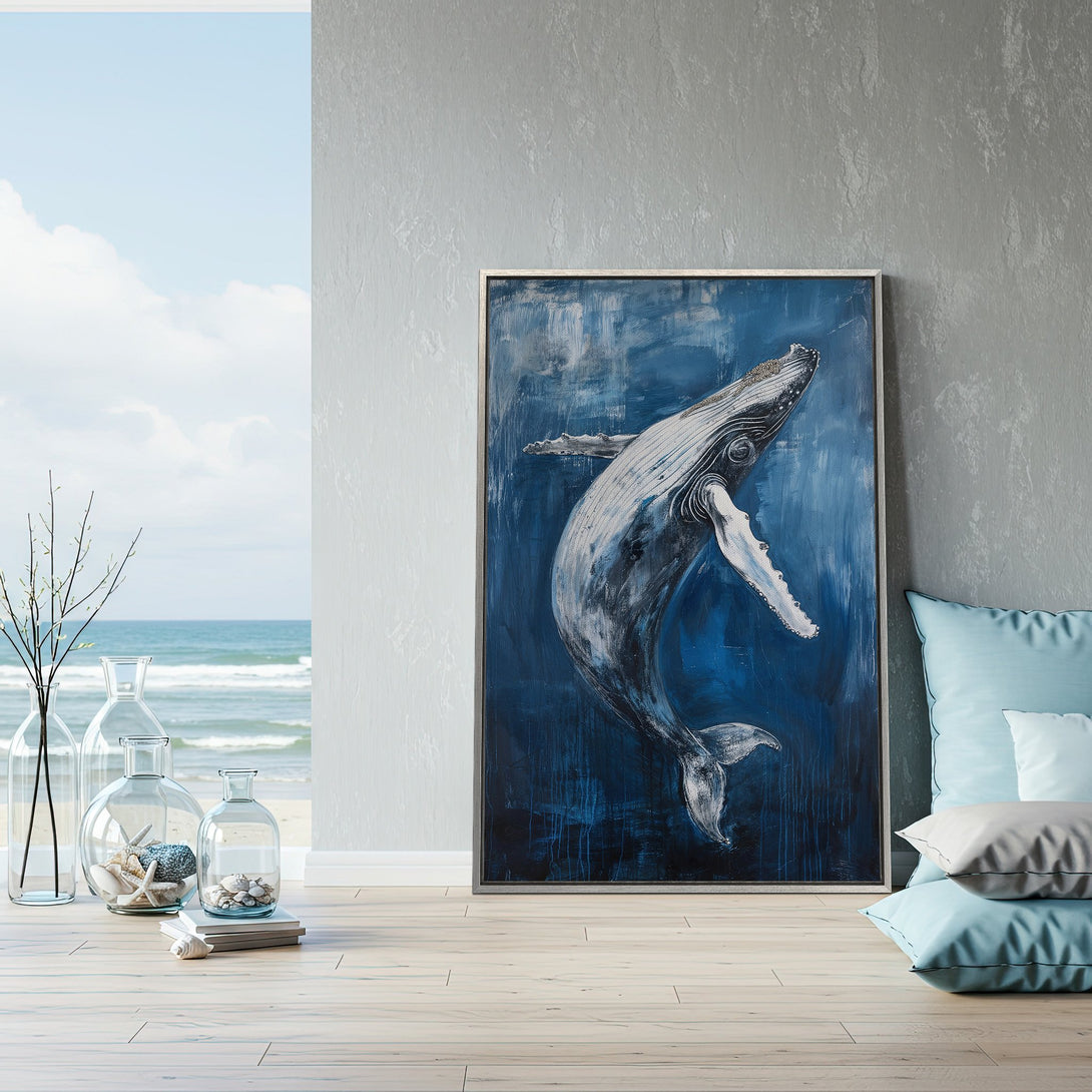 Framed Wall Art: Whale painting in a coastal interior. Abstract style with a blue and white color palette. Perfect for adding a touch of ocean decor.