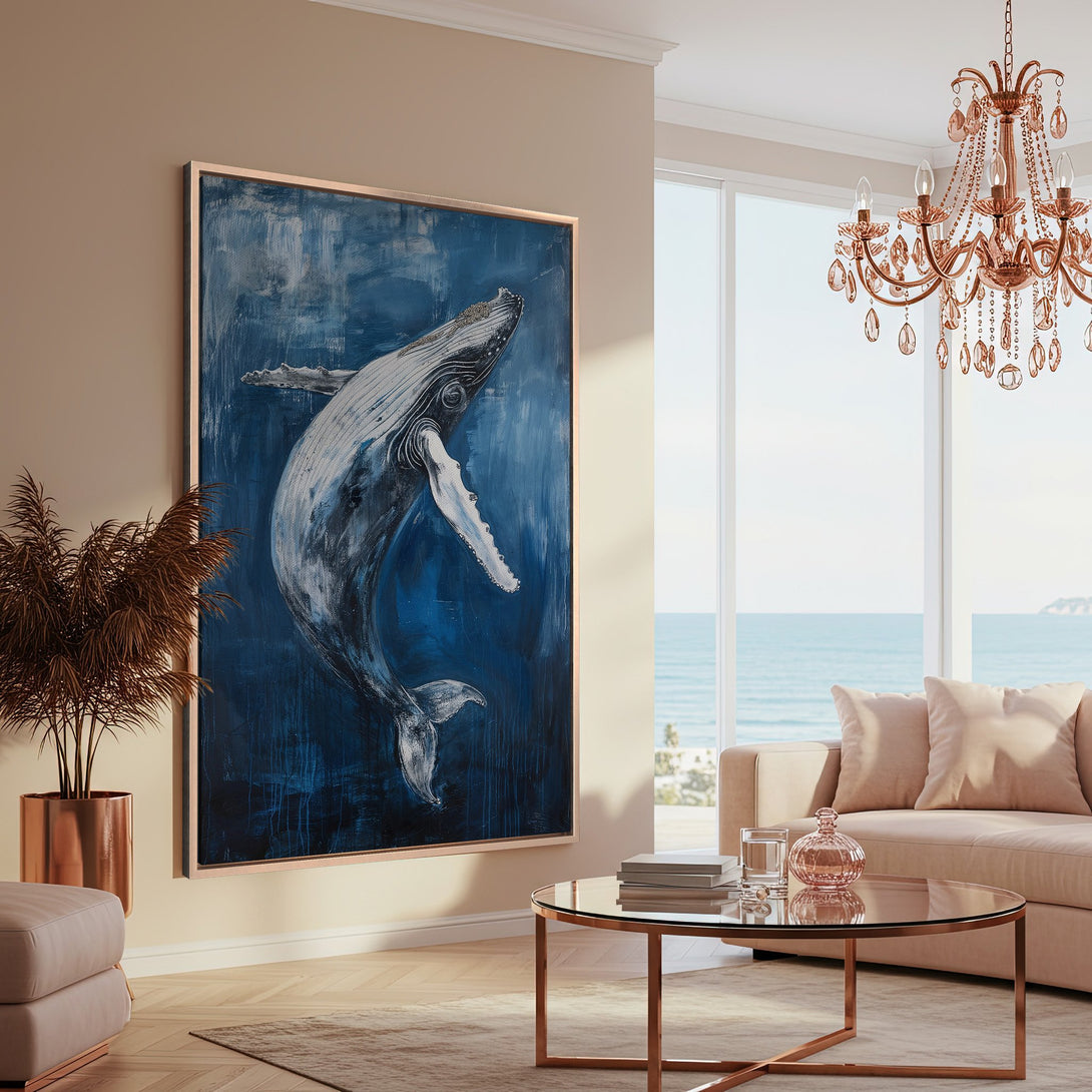 Framed Wall Art featuring an abstract whale painting in a blue and white color palette, perfect for adding coastal style to your home.