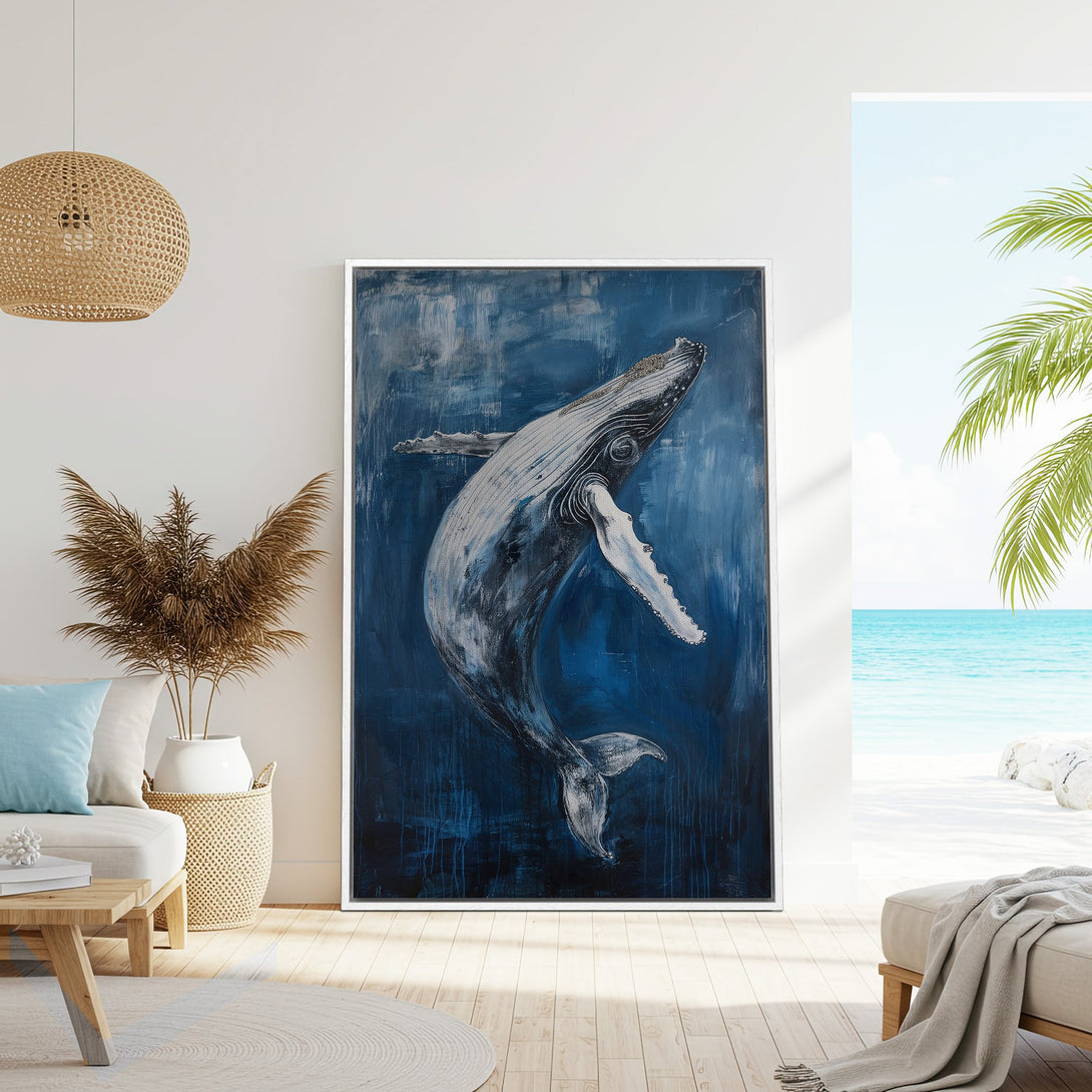 Framed Wall Art: Majestic whale painting in blue tones. Coastal decor inspiration for your home. Bring the ocean's beauty indoors!