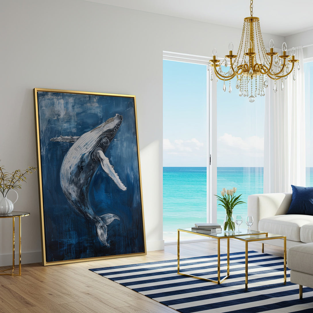 Canvas Print of a majestic whale in blue and white, adding a touch of coastal elegance to a modern living room.