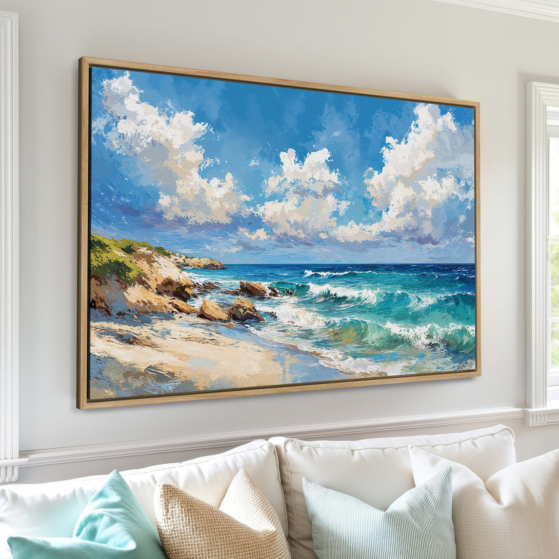 Framed Wall Art: Coastal landscape Canvas Print with blue, turquoise, and beige tones. Perfect for adding a touch of serenity to your home decor.
