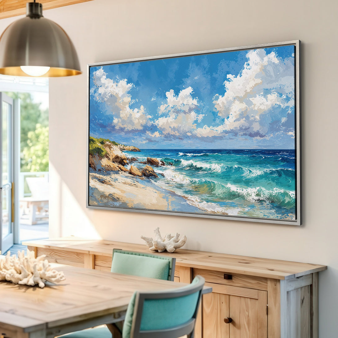 Framed Wall Art: Coastal landscape Canvas Print with vibrant blue, turquoise, and white colors. Impressionistic style beach scene, perfect for home decor.