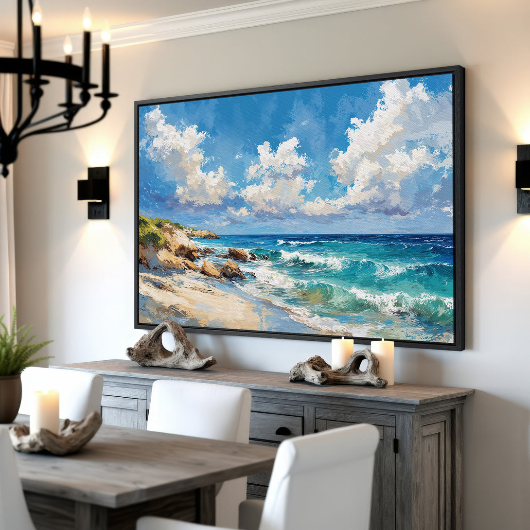 Framed Wall Art: Coastal beach scene Canvas Print with blue, turquoise, and beige tones. Perfect for adding a touch of serenity to your home decor.