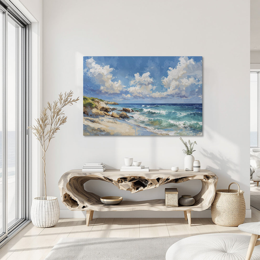 Framed Wall Art: Coastal landscape Canvas Print with blue, turquoise, and sand tones. Perfect for adding a touch of serenity to your home decor.