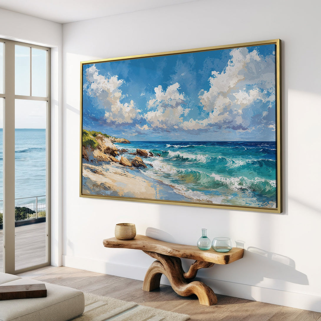 Canvas Print of a serene beach scene in a coastal style, featuring blue and white hues, perfect for adding a touch of tranquility.